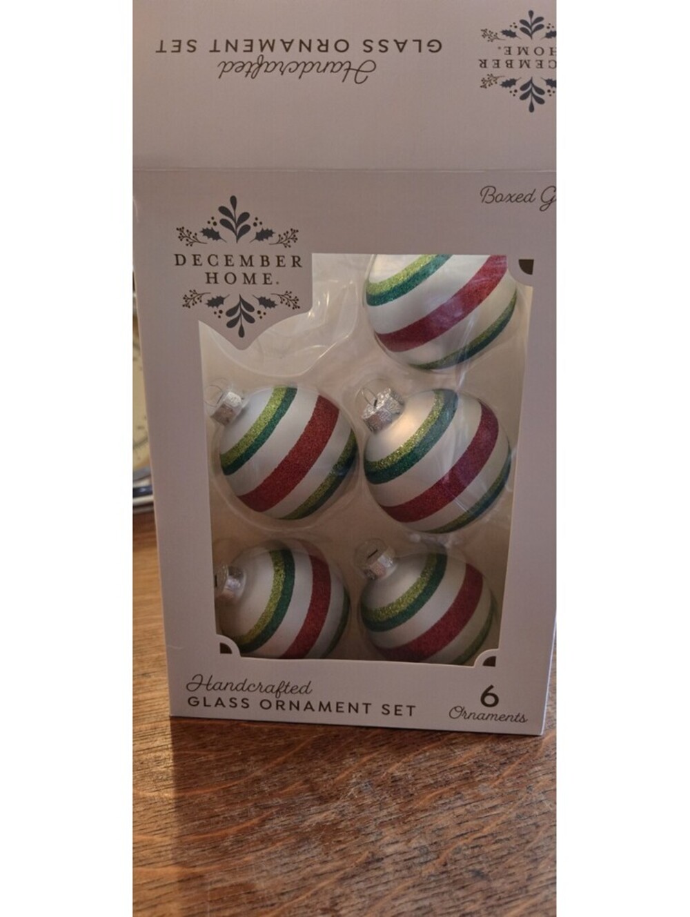 5 December Home 2 1/2" Glass Ornament Set 5 Gold Shiny Red & Green Striped Xmas